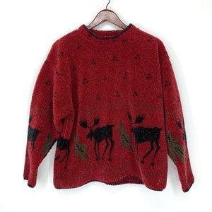 Alps Finest Quality Apparel Moose Print Winter Teddy Red Sweatshirt Size Large